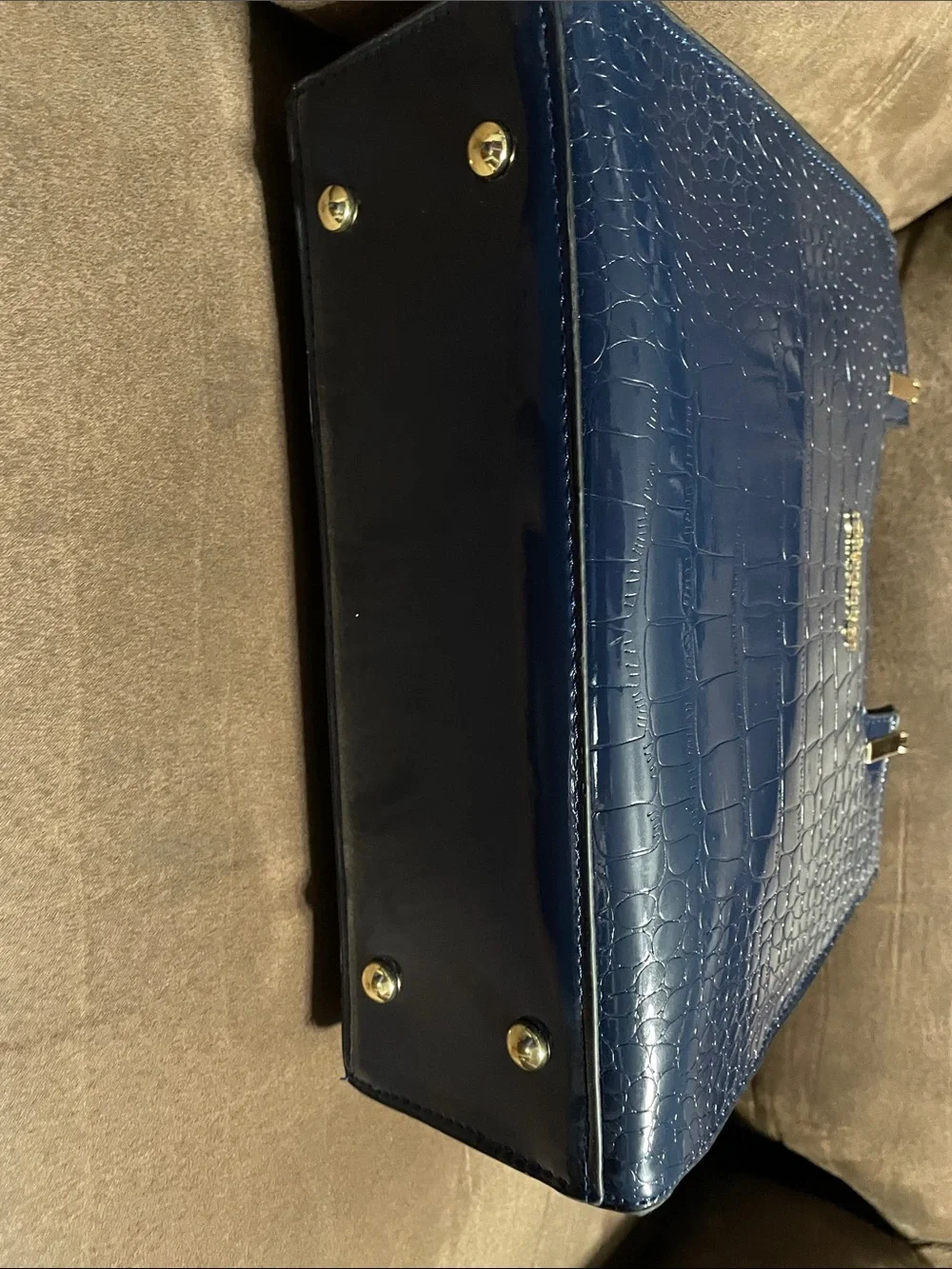 Croc-Embossed Navy Top-Handle Satchel with Removable Strap